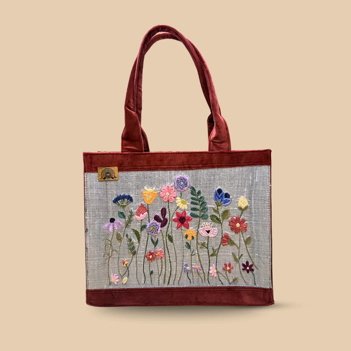 Silver-Grey Silk Tote Bag with Maroon Velvet Accents and Multicolor Wildflower