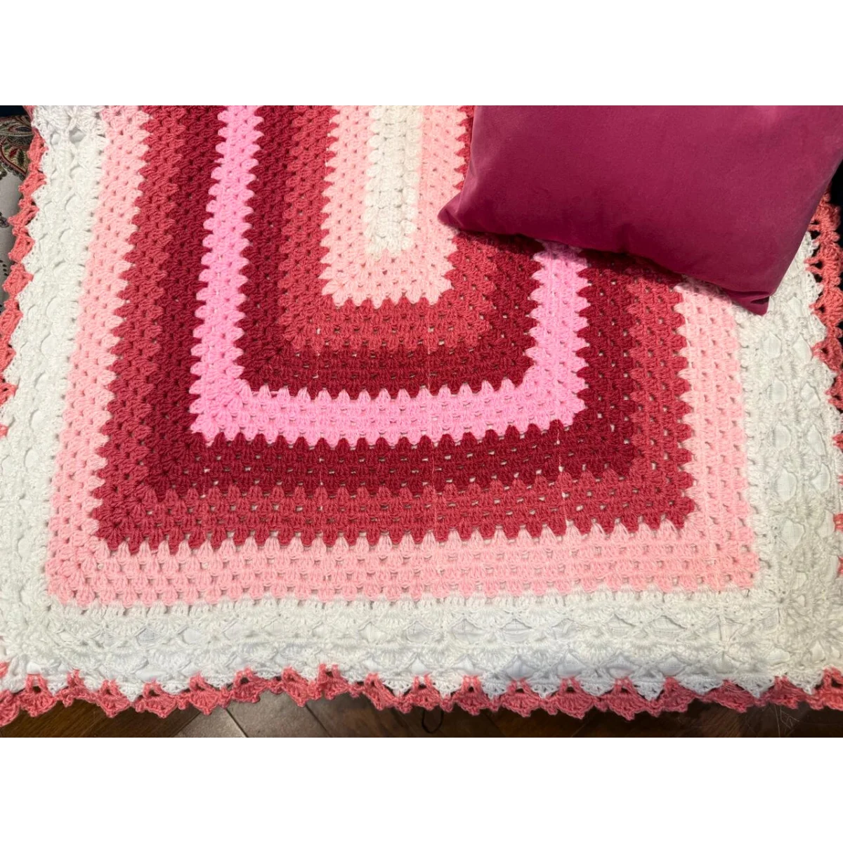 Berry Blossom Hand-Knitted Ombre Crochet Baby Throw with Rose Velvet Pillows - Image 3