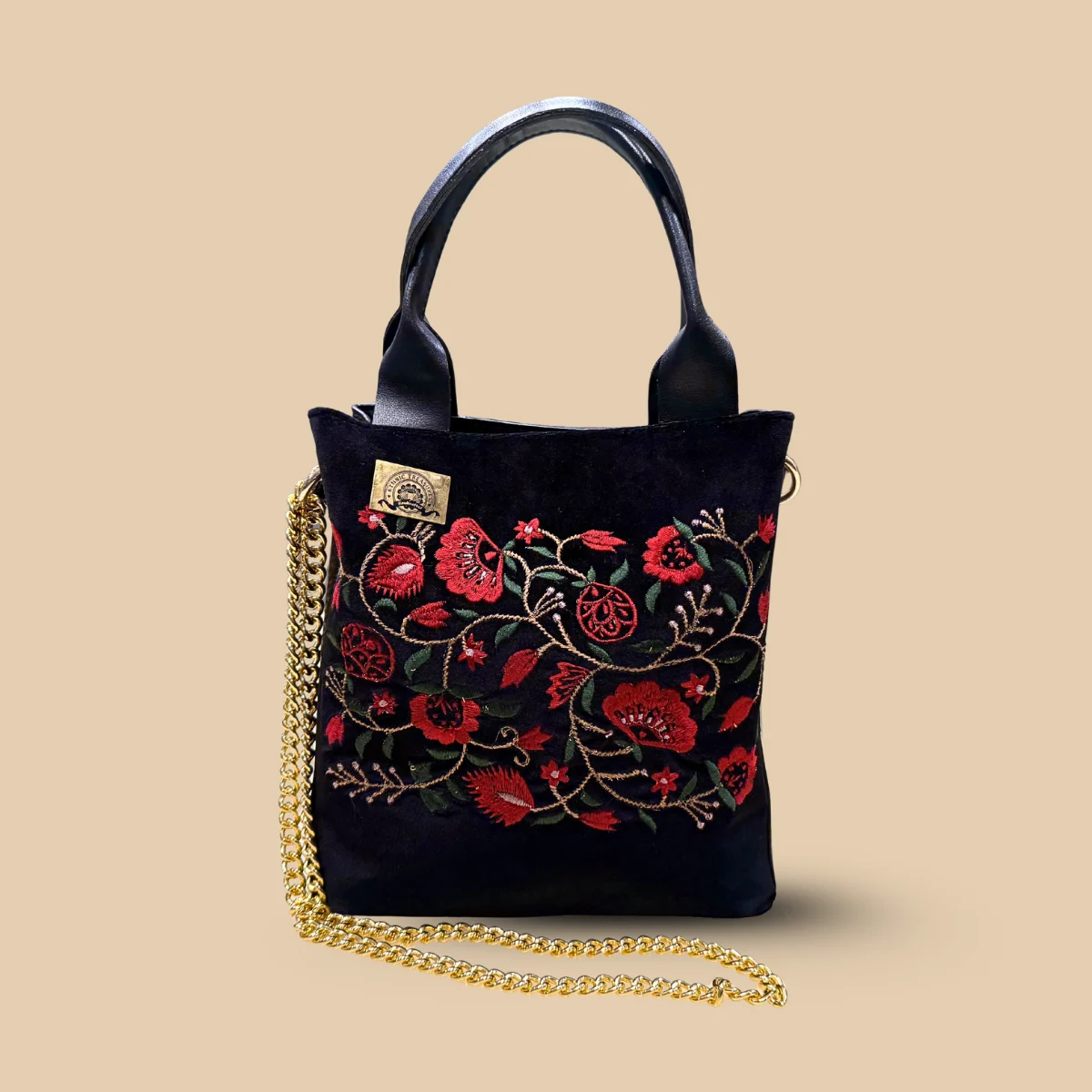 Crimson Bloom Embroidered Velvet Sling Bag