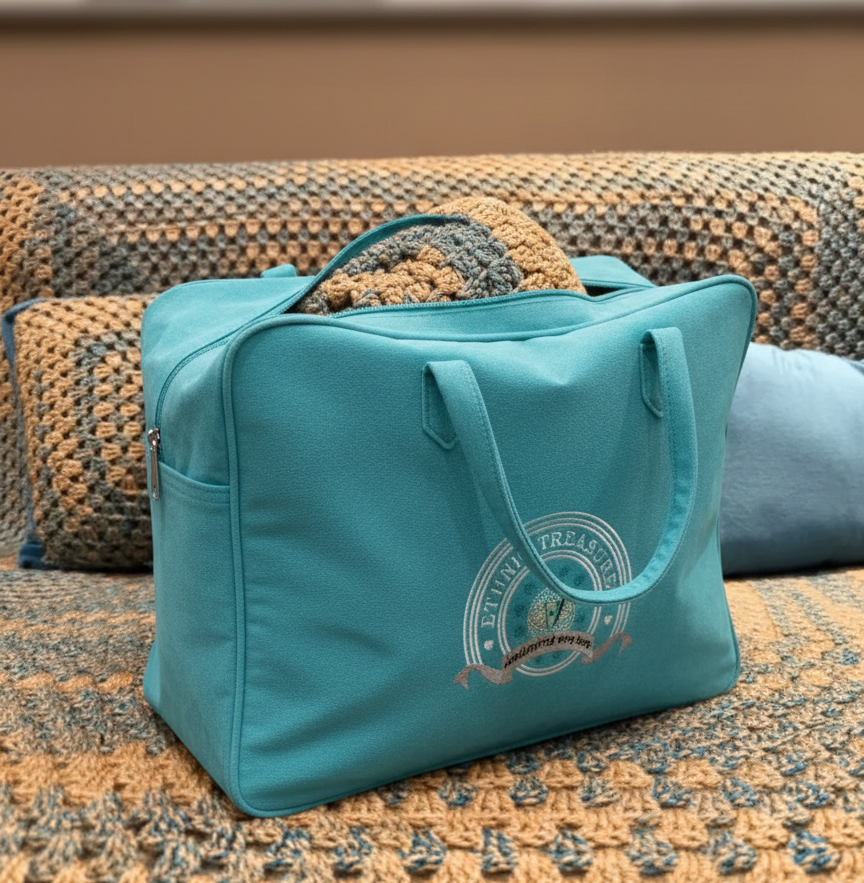 Teal & Honey Gold Hand-Knitted Concentric Square Baby Throw with Velvet Pillows - Image 5