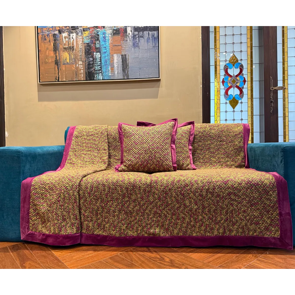 Handmade Magenta Velvet-Bordered Crochet Sofa Set – Textured Moss Stitch Throw with Premium Velvet Piping