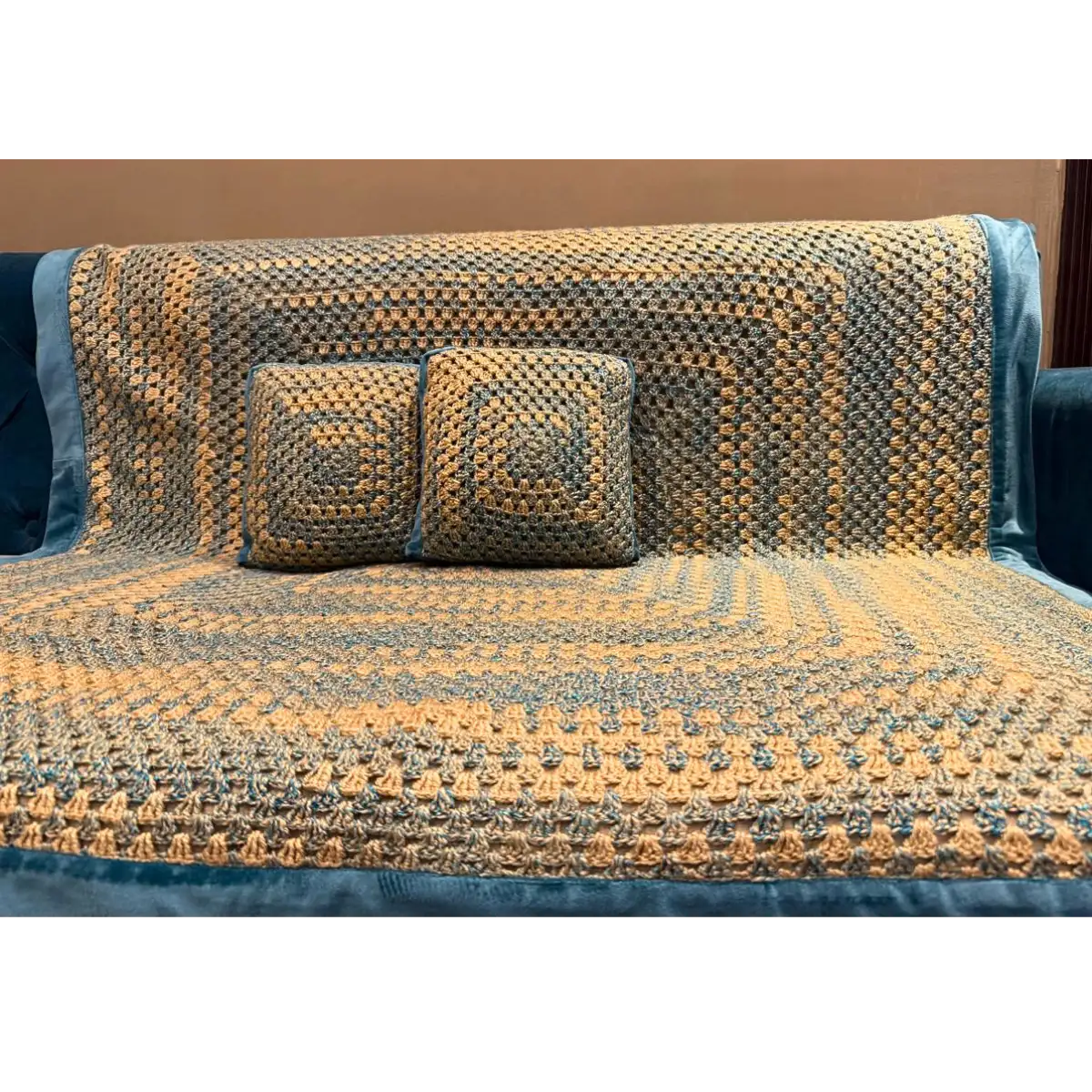 Teal & Honey Gold Hand-Knitted Concentric Square Baby Throw with Velvet Pillows - Image 2