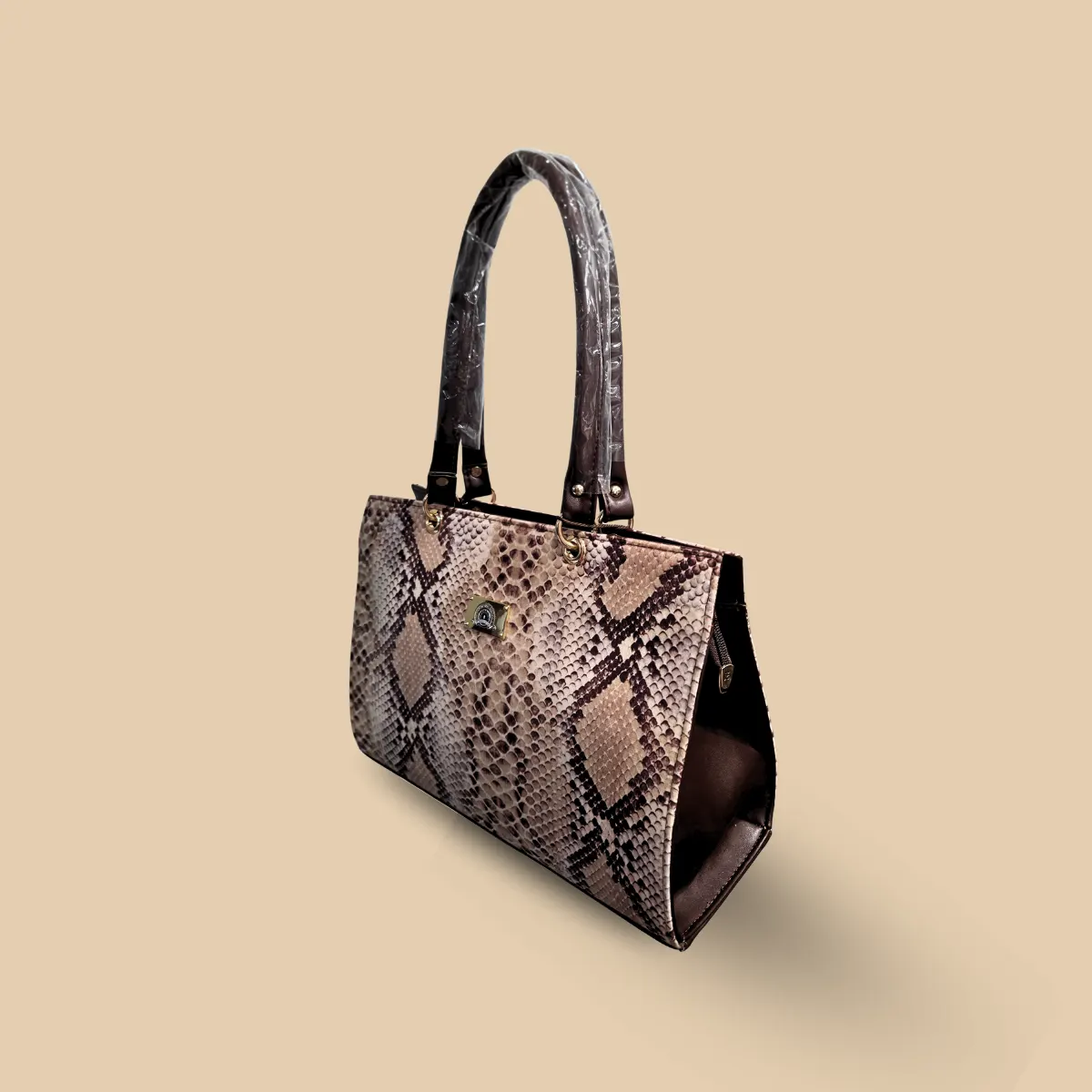 Chic Faux Snakeskin Embossed Tote Bag – Neutral Python Print Shoulder Bag with Gold Hardware - Image 3