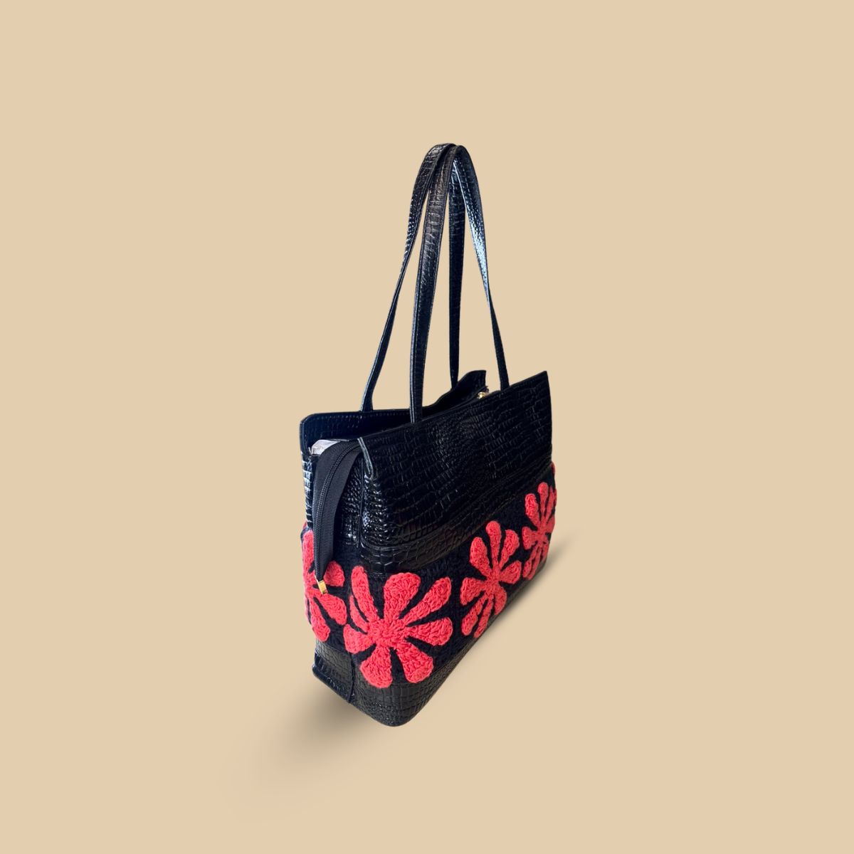 Luxury Embossed Crocodile Tote Bag for Women – Chic Black Handbag with Vibrant Red Crochet Floral Accents – Spacious Statement Shoulder Bag - Image 3