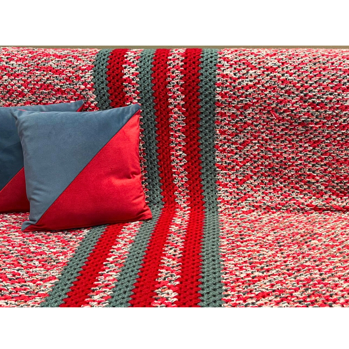Modern Crimson & Slate Hand-Knitted Crochet Sofa Throw Set with Geometric Pillows