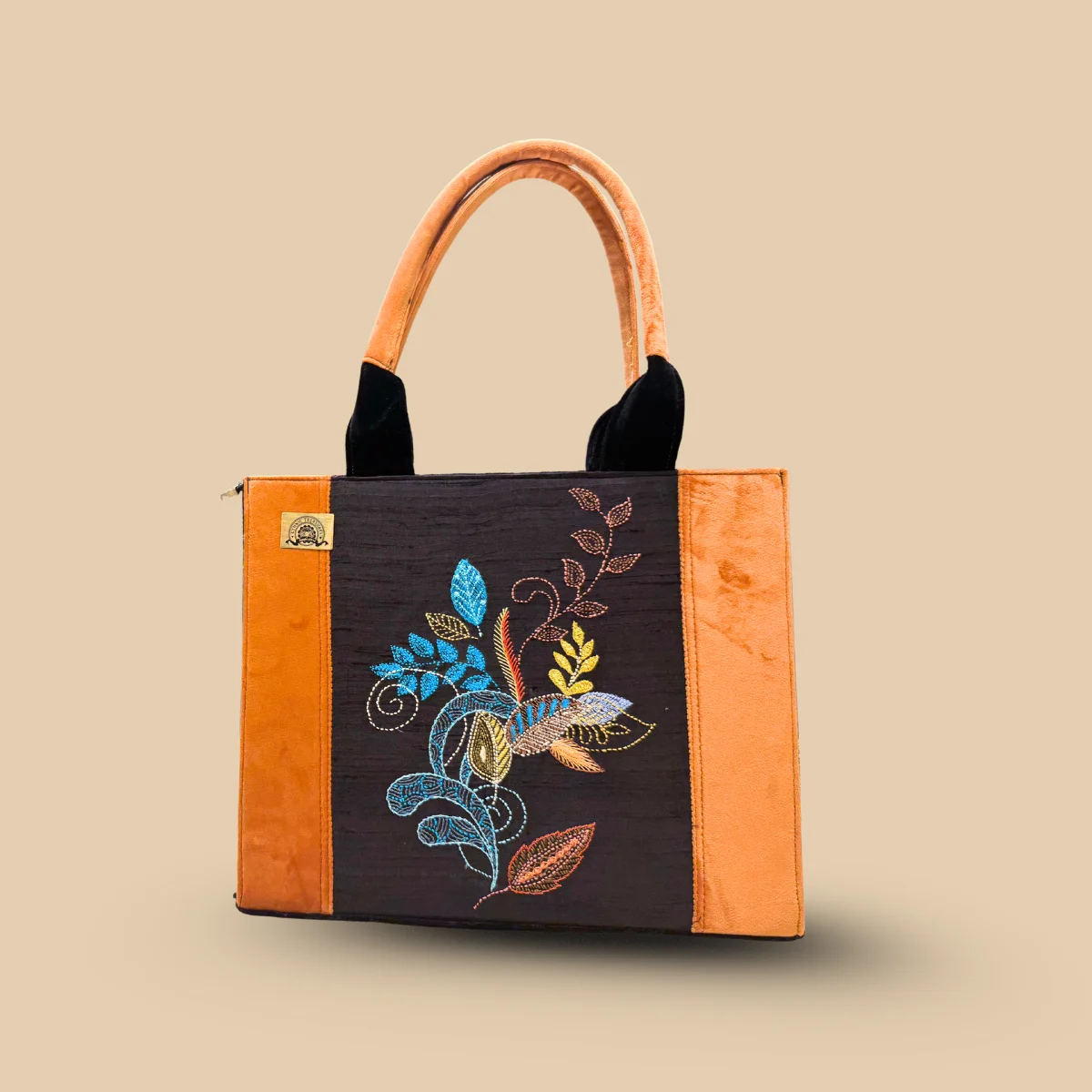 Black Silk Tote Bag with Burnt Orange Velvet Accents and Vibrant Floral-Butterfly
