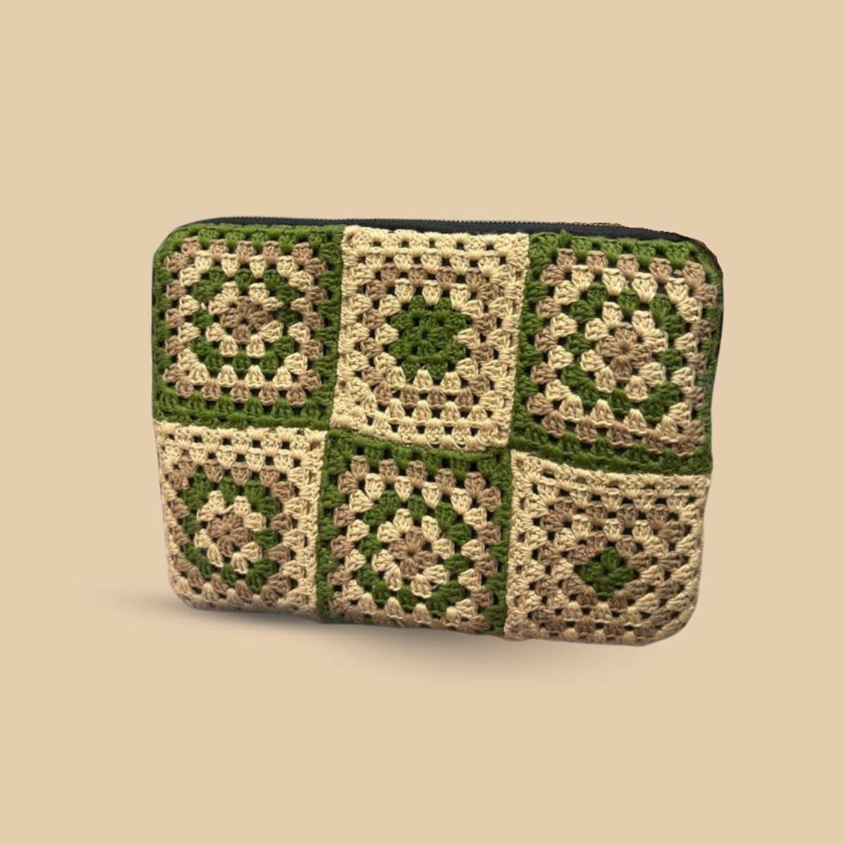 Handmade Crochet Granny Square Laptop Sleeve – Boho Padded Tech Pouch for 13-14 inch Laptops – Sage Green & Cream