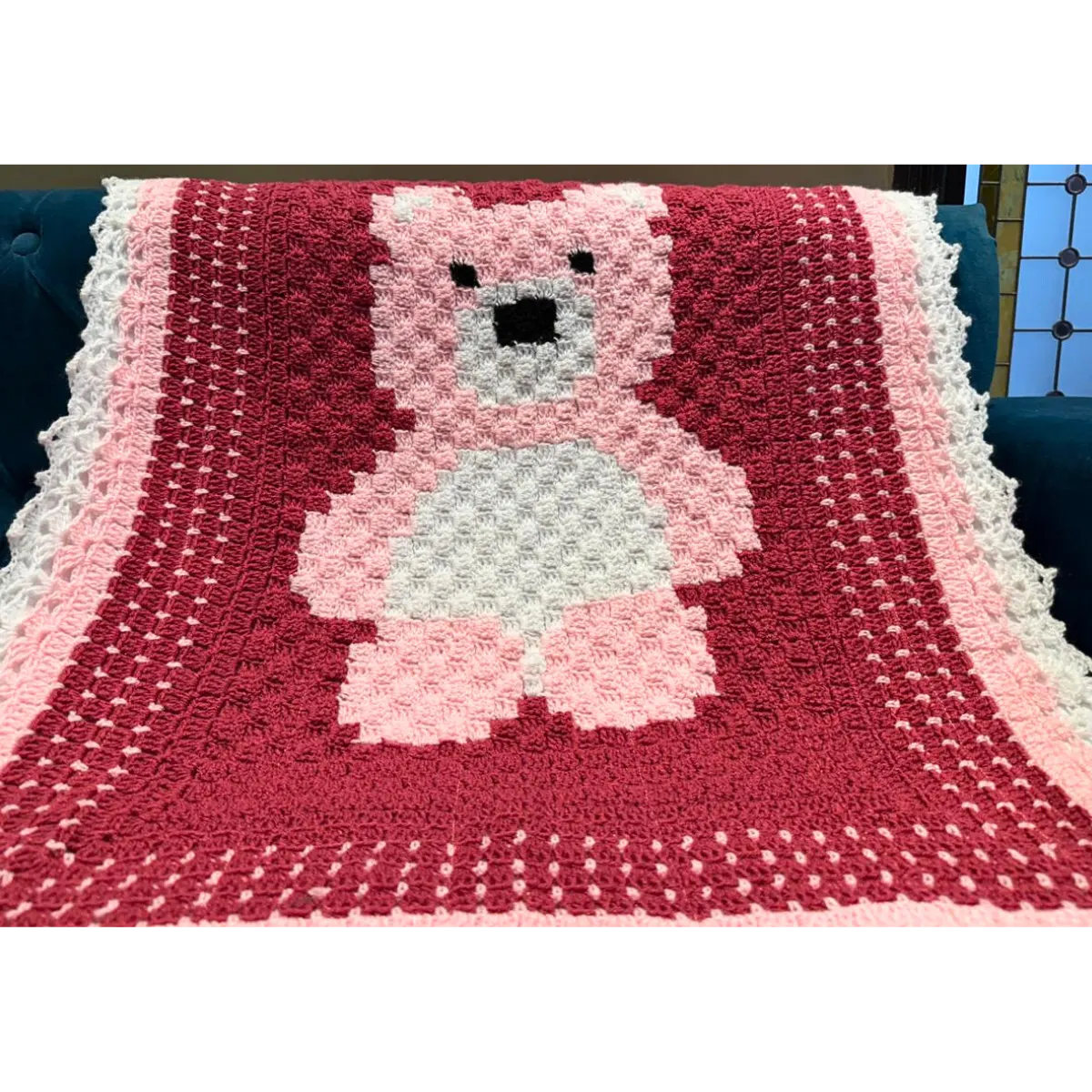 Teddy Bear C2C Hand-Knitted Crochet Baby Throw with Scalloped Border