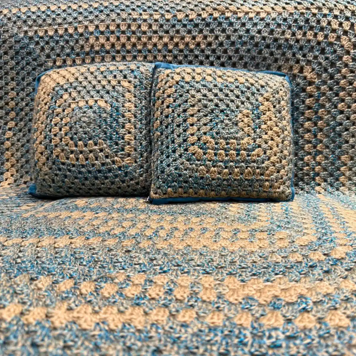 Teal & Honey Gold Hand-Knitted Concentric Square Baby Throw with Velvet Pillows - Image 3