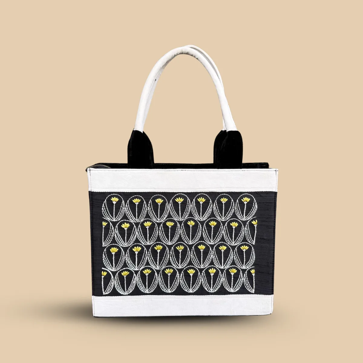 Black Silk Tote Bag with White Leather Accents and Art Deco Floral