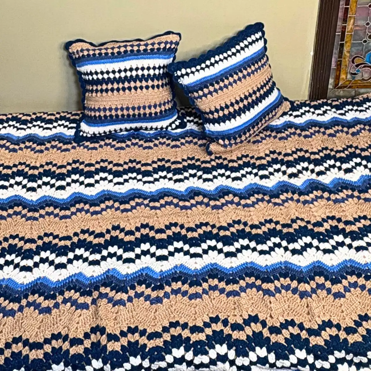 Artisan Hand-Knitted Chevron Crochet Bedspread Set with Matching Pillows - Blue & Beige - Image 3