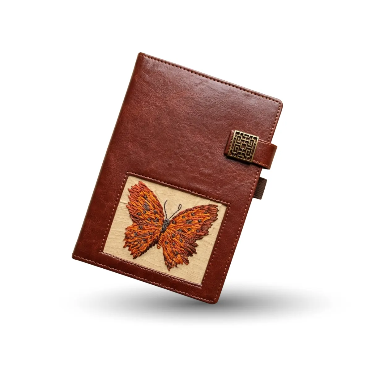 Vintage-Style Faux Leather Journal with Embroidered Butterfly Design, A5 Notebook with Decorative Metal Clasp and Pen Loop