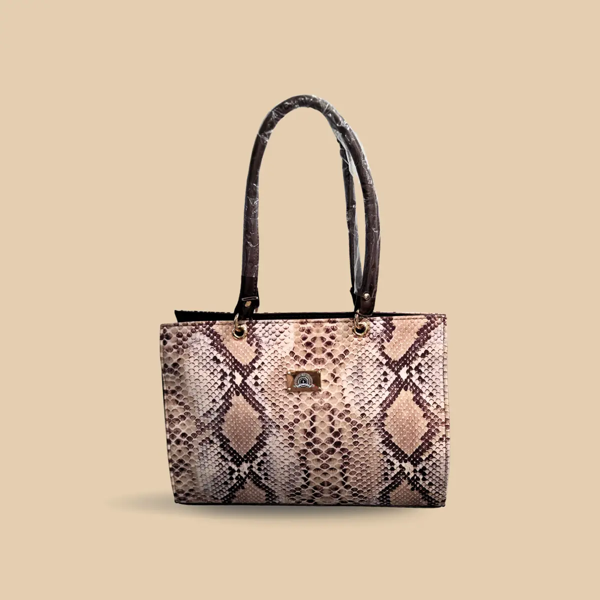 Chic Faux Snakeskin Embossed Tote Bag – Neutral Python Print Shoulder Bag with Gold Hardware