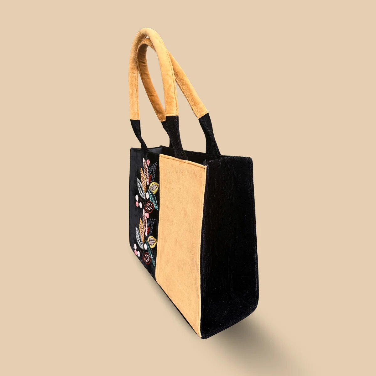 Black & Camel Velvet Tote Bag with Multicolor Leaf and Berry - Image 2