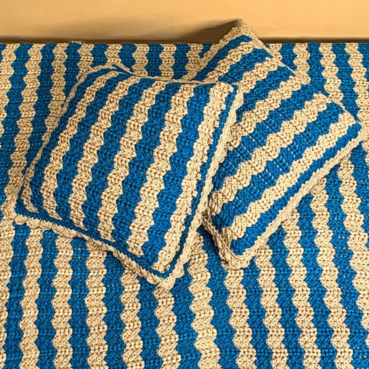 Handmade Blue & Cream Nautical Striped Crochet Throw Set – Wavy Textured Blanket with Scalloped Lace Edging - Image 2