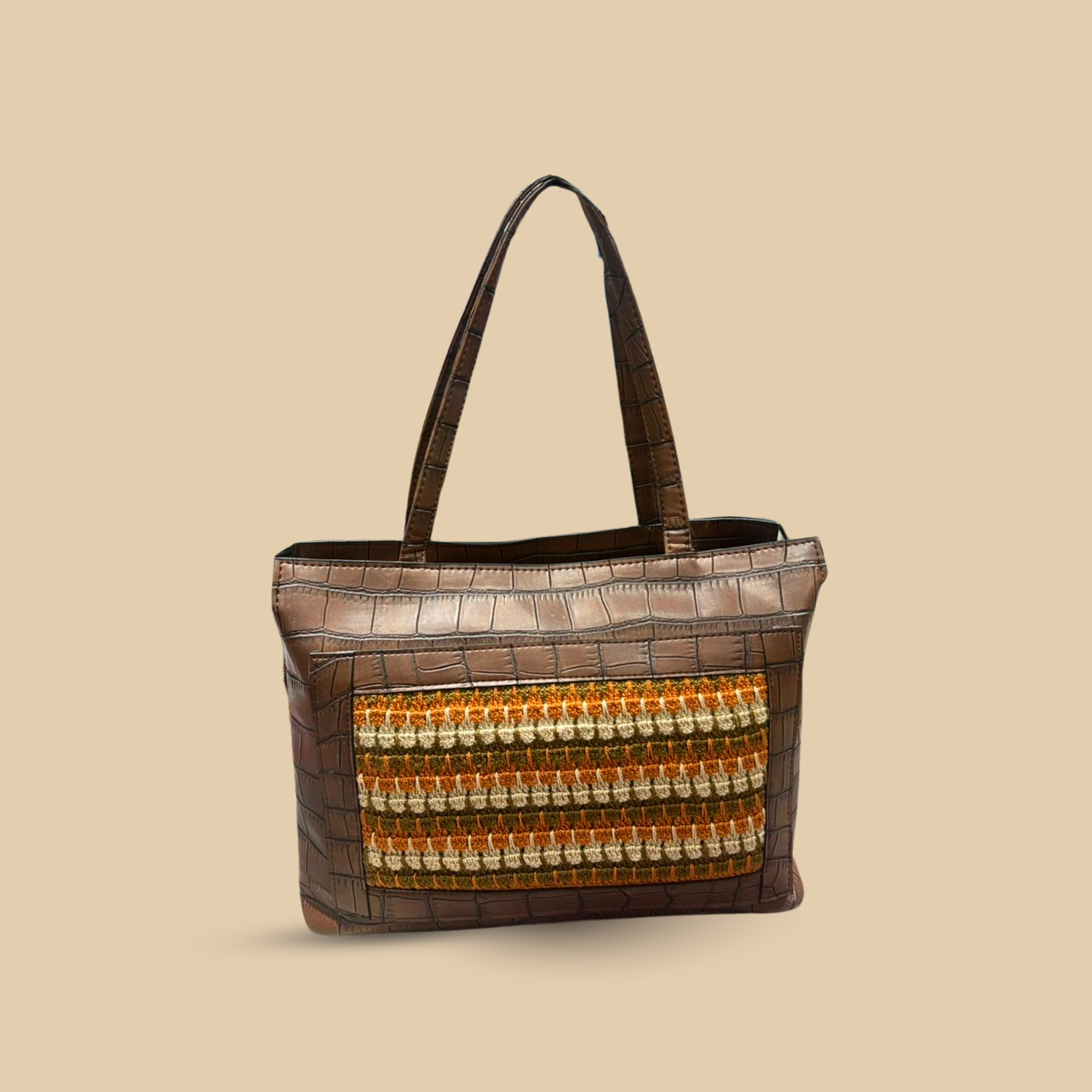 Handcrafted Croc-Embossed Faux Leather Tote Bag with Artisan Crochet Inlay – Earthy Brown & Terracotta - Image 4