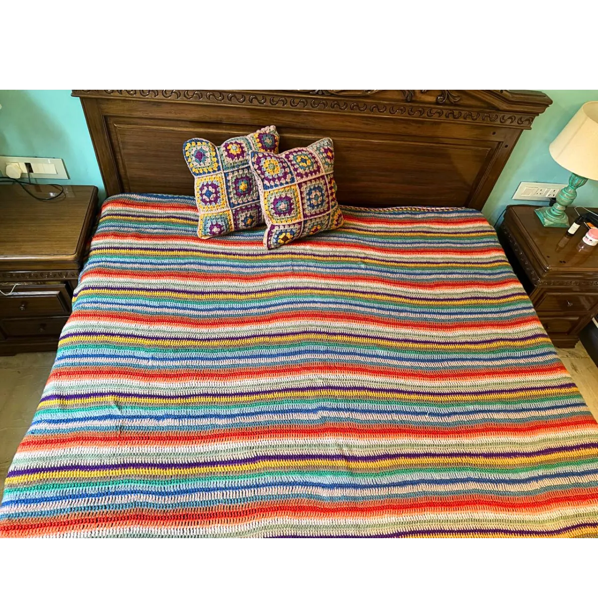 Handmade Vibrant Rainbow Stripe Crochet Bedspread Set – Multi-Colored Bed Throw with Matching Granny Square Cushion Covers