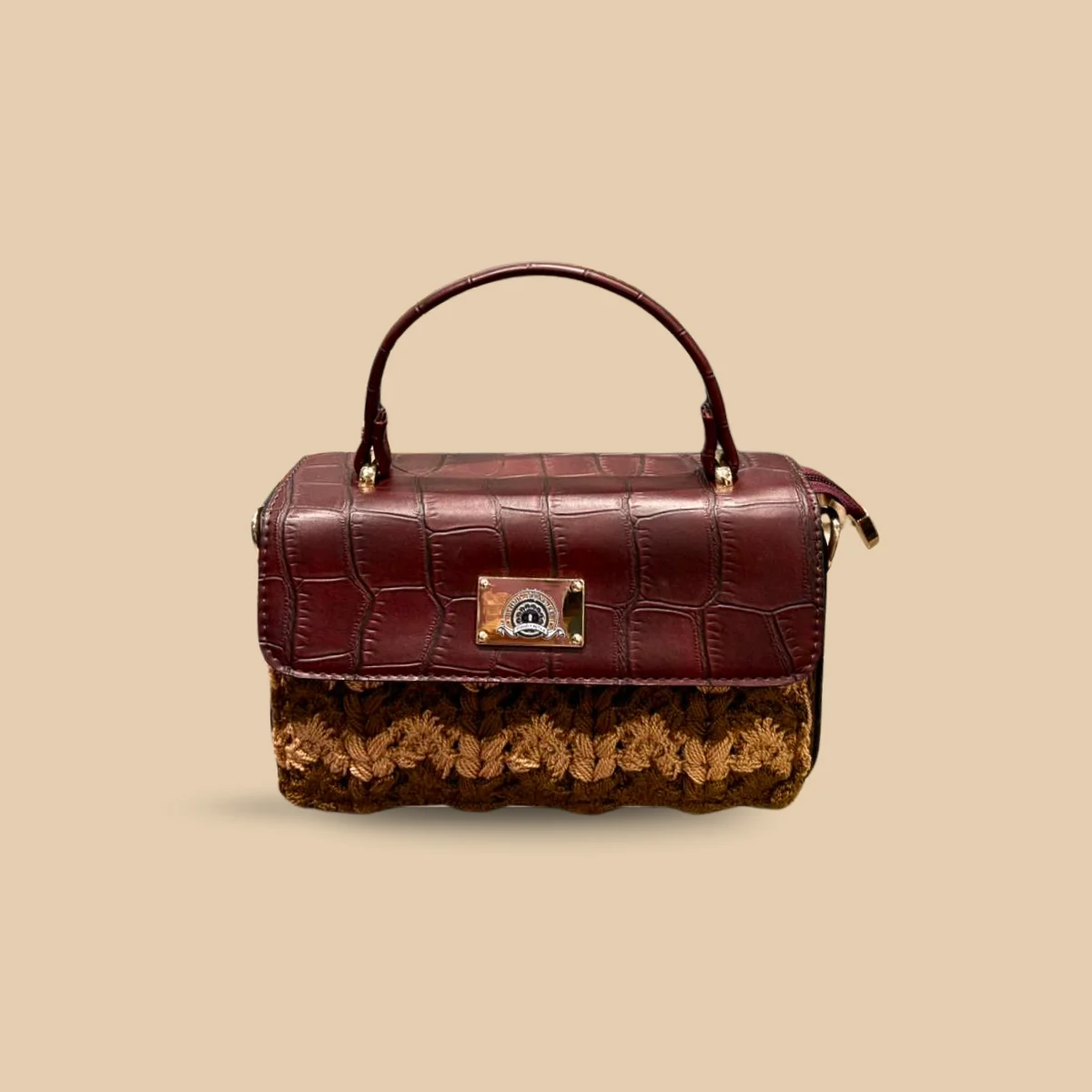 Luxury Croc-Embossed Top Handle Bag with Handcrafted Crochet Base – Elegant Maroon & Tan Satchel