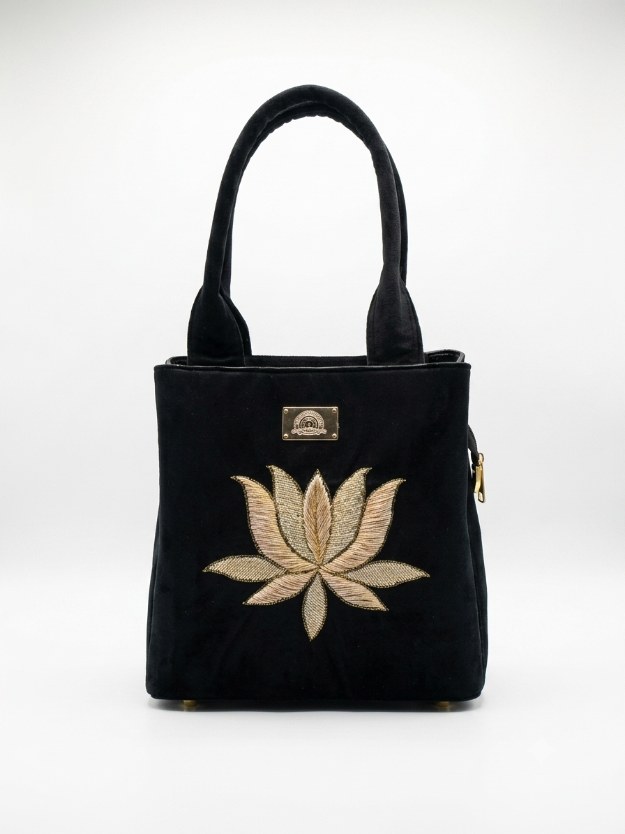 Handcrafted Premium Black Velvet Handbag with Golden Lotus Embroidery and Logo Embellishment