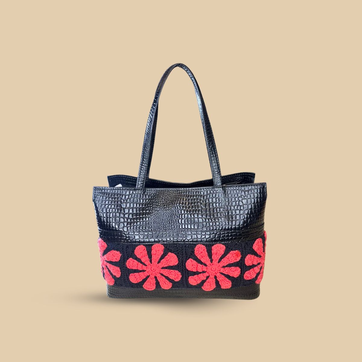Luxury Embossed Crocodile Tote Bag for Women – Chic Black Handbag with Vibrant Red Crochet Floral Accents – Spacious Statement Shoulder Bag - Image 4
