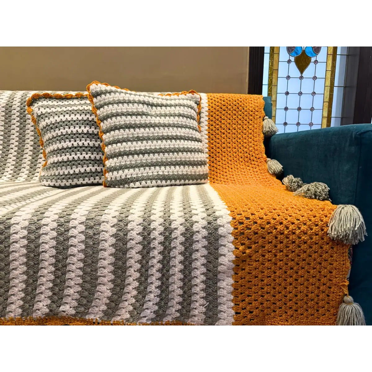 Handmade Grey & Ochre Striped Crochet Sofa Set – Textured Color-Block Throw with Decorative Tassels