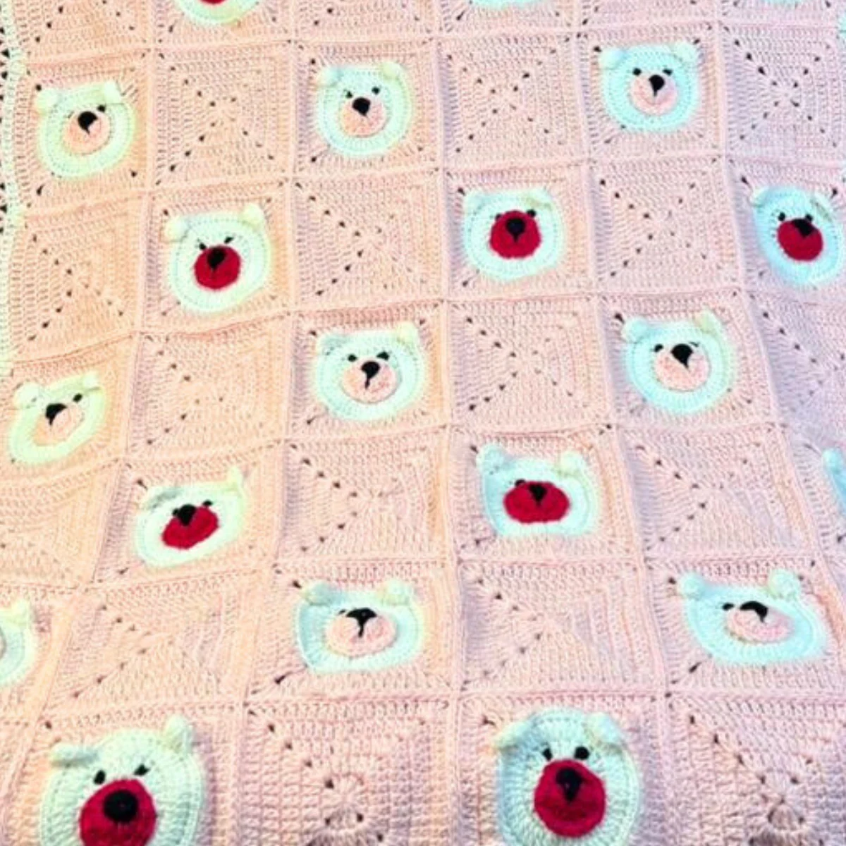 Polar Bear Patchwork Hand-Knitted Crochet Baby Throw & Pillow Set - Image 3