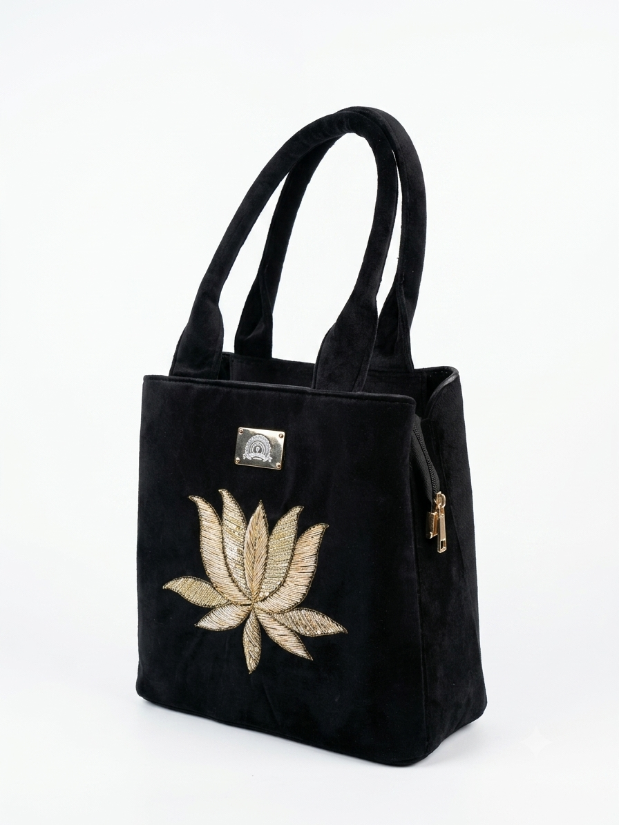 Handcrafted Premium Black Velvet Handbag with Golden Lotus Embroidery and Logo Embellishment - Image 2