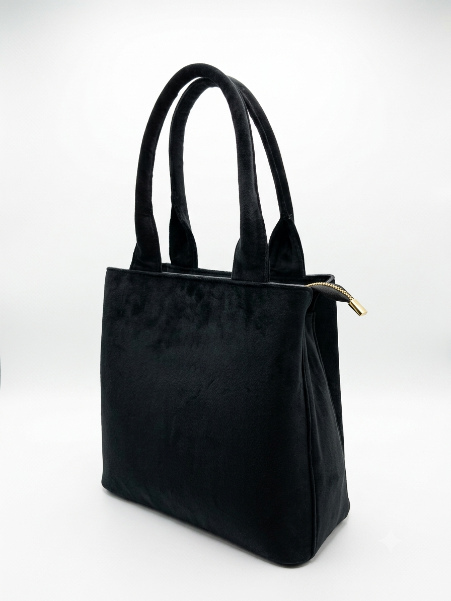 Handcrafted Premium Black Velvet Handbag with Golden Lotus Embroidery and Logo Embellishment - Image 3