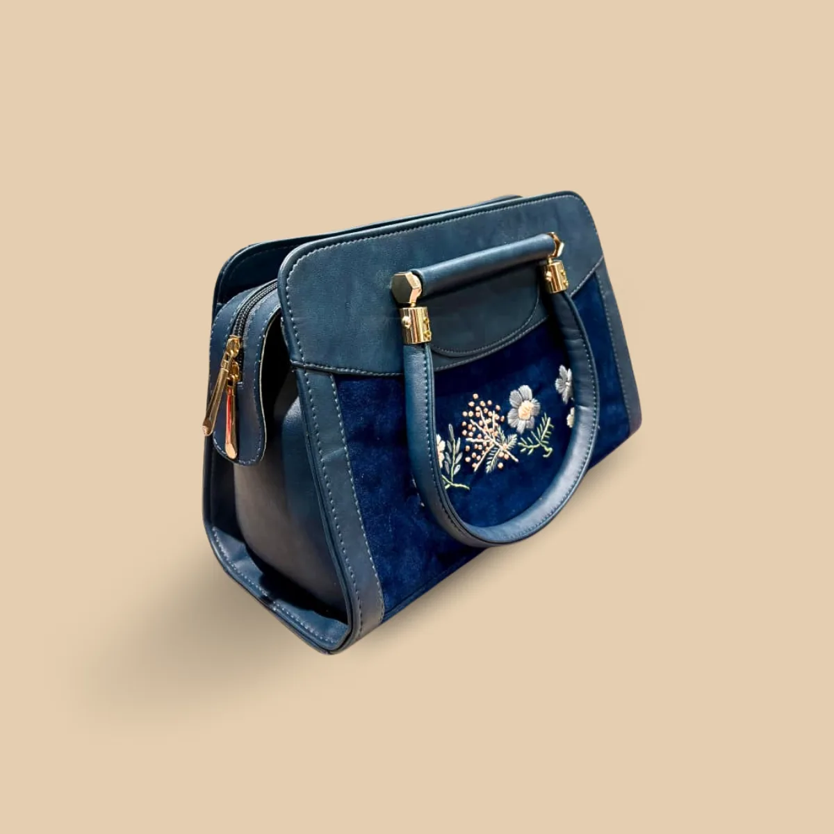 Navy Blue Leather & Velvet Handbag with Gold Hardware and Delicate Floral Hand Embroidery - Image 2