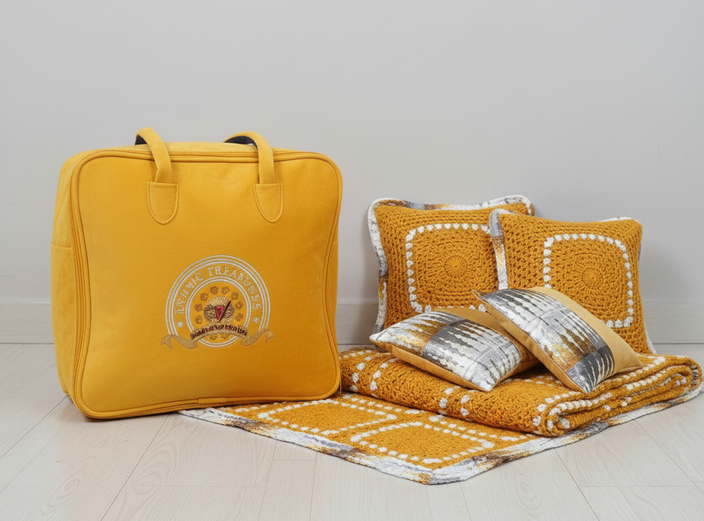 Handmade Mustard Yellow Crochet Throw Set – Sunburst Square Pattern with Matching Cushion Covers - Image 6