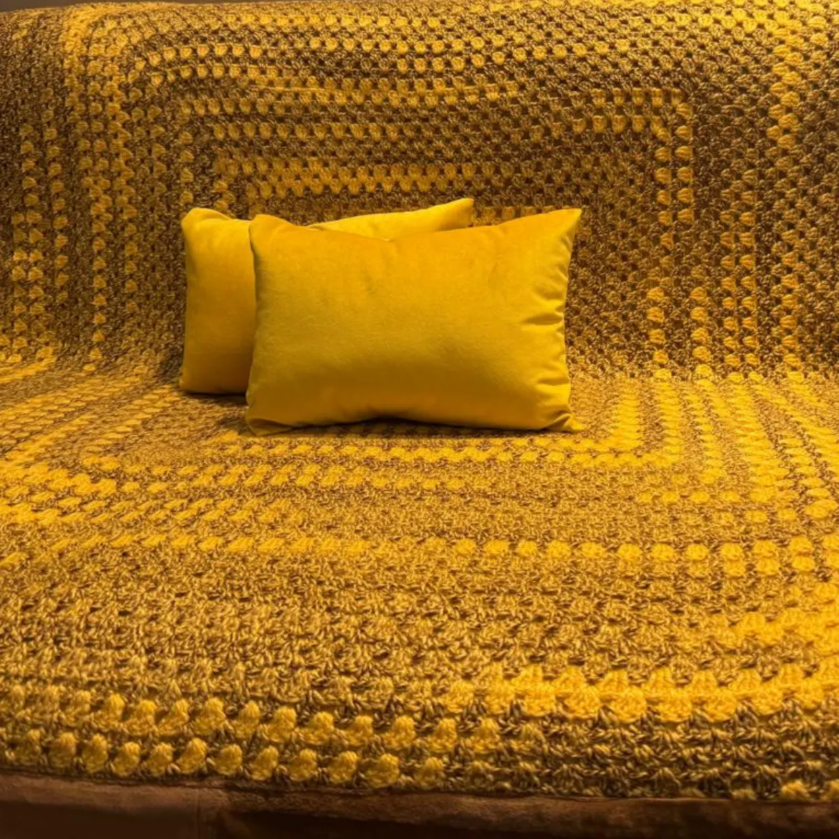 Golden Ochre Concentric Hand-Knitted Crochet Baby Throw with Velvet Pillows - Image 2
