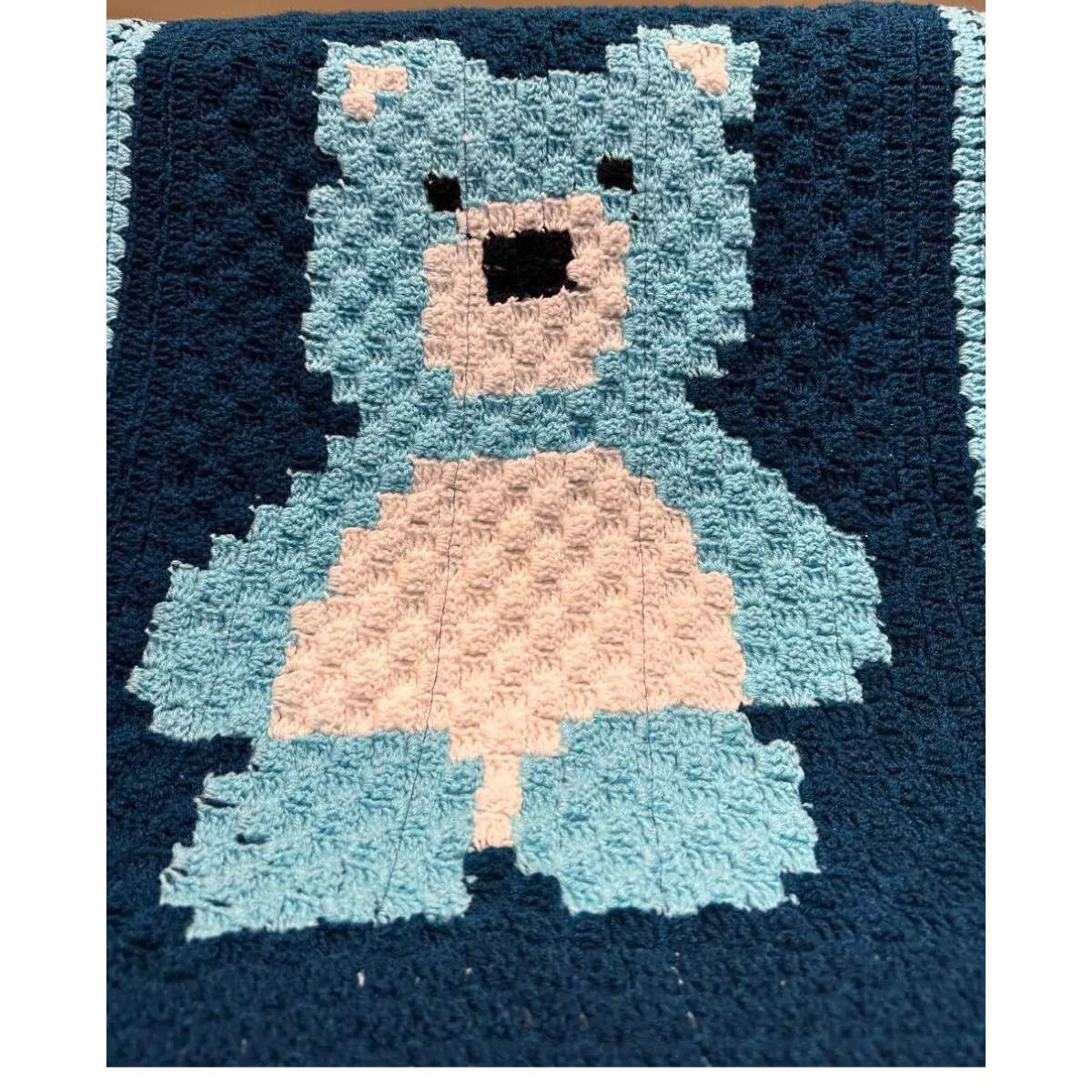 Blue Frost Teddy Bear C2C Hand-Knitted Crochet Baby Throw - Image 2