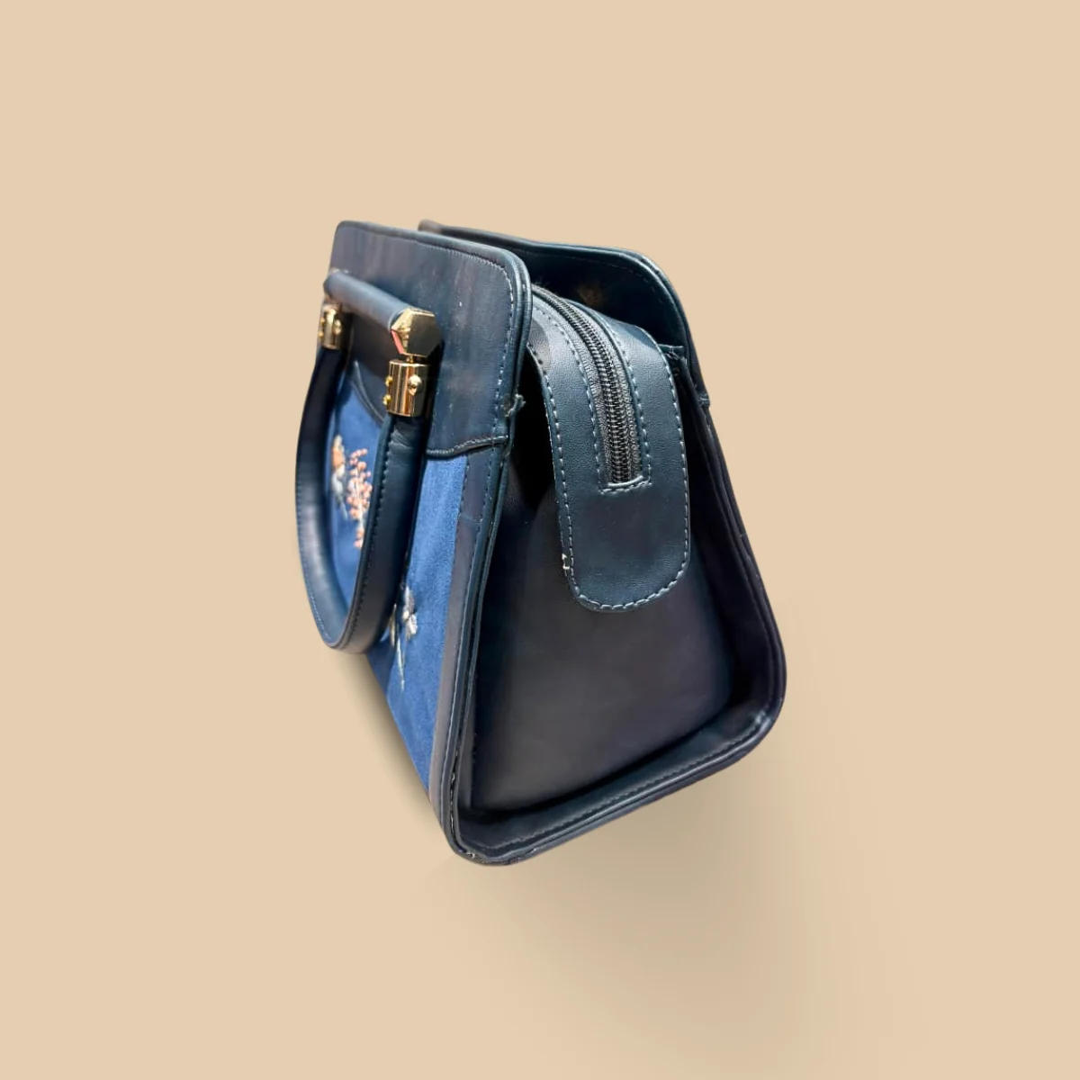 Navy Blue Leather & Velvet Handbag with Gold Hardware and Delicate Floral Hand Embroidery - Image 3