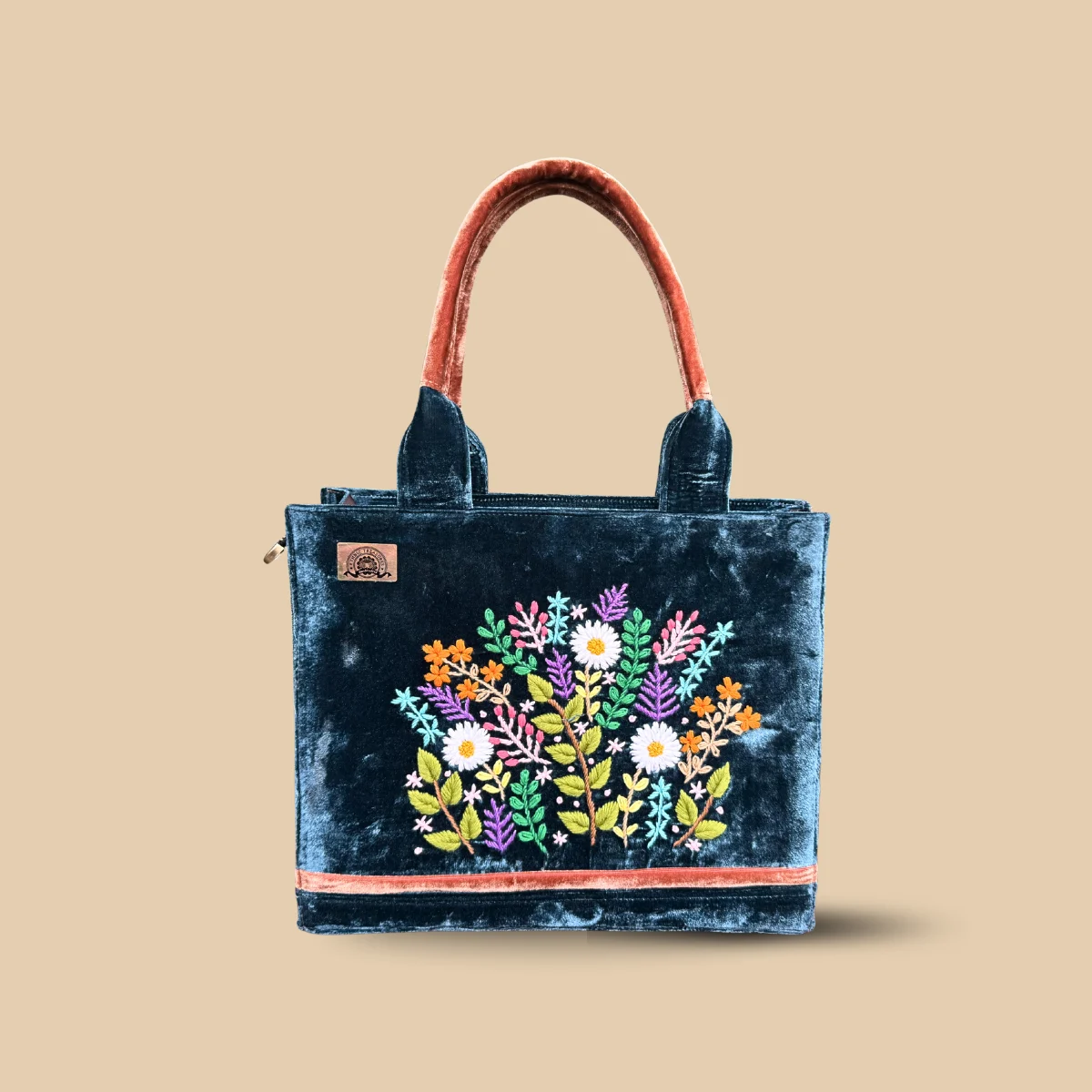 Teal Blue Velvet Tote Bag with Coral Accents and Vibrant Wildflower