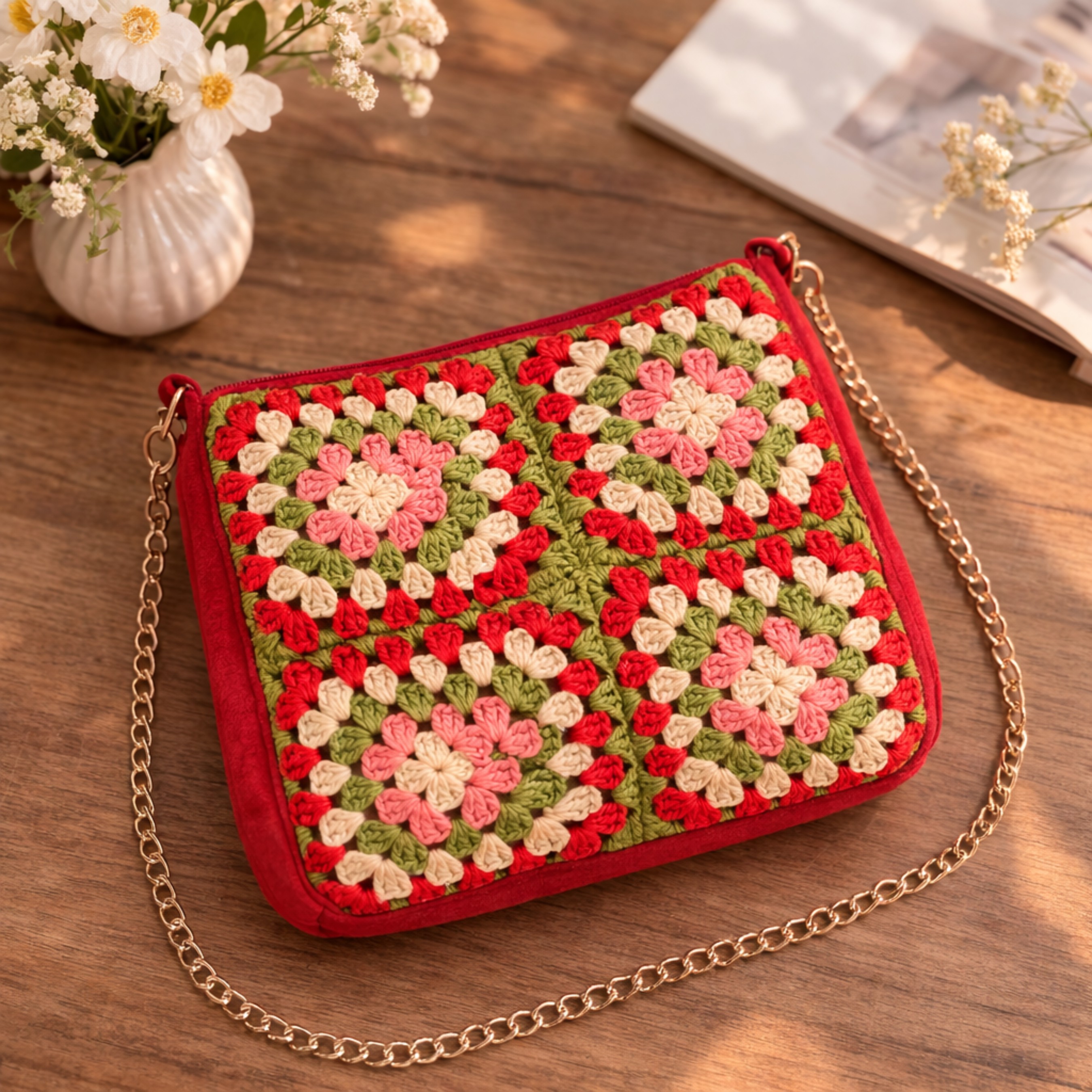 Hand Crochet Red Granny Square Crossbody Bag – Boho Chic Zippered Shoulder Bag with Silver Chain Strap – Multicolor Floral Vintage Style - Image 4
