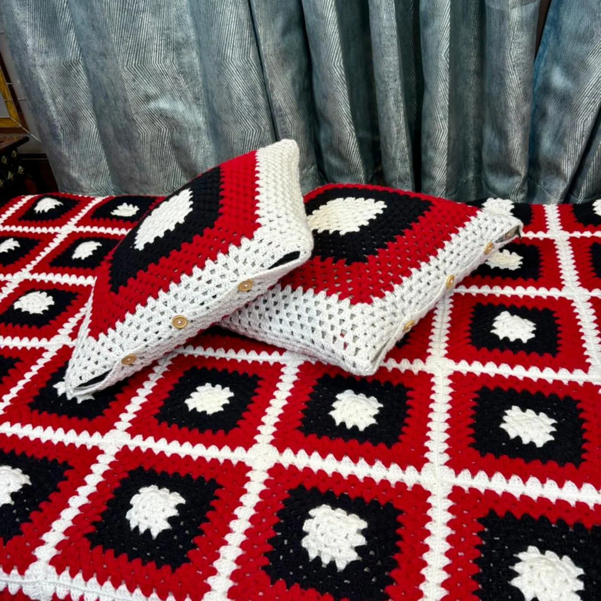 Handmade Granny Square Crochet Throw & Cushion Set – Bold Red, Black, and White Geometric Decor - Image 2