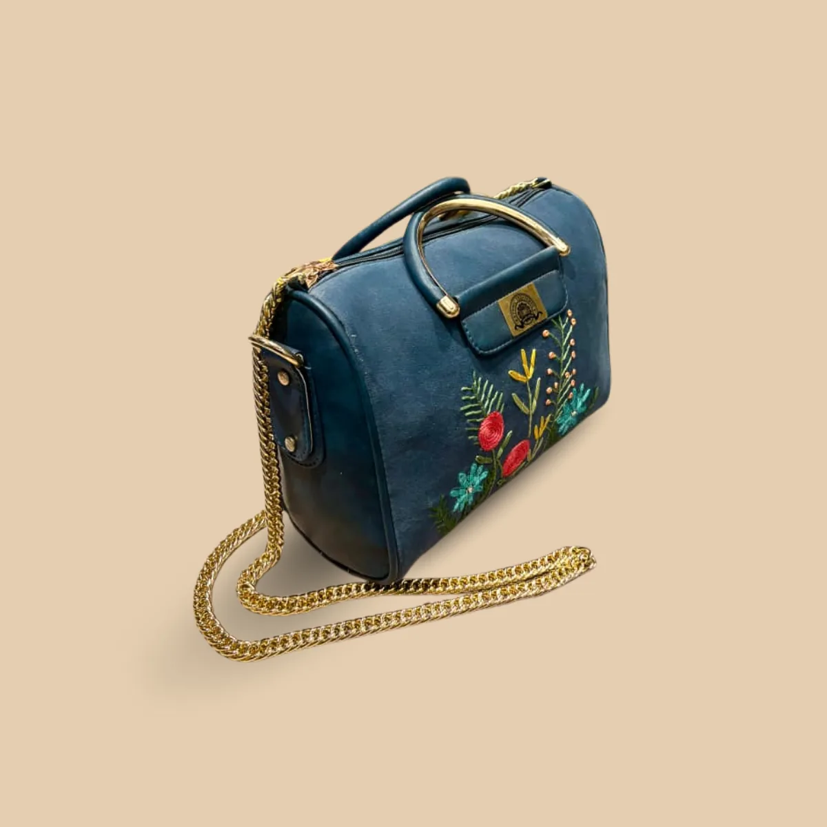Navy Blue Handbag with Gold Metal Handles and Colorful Wildflower - Image 2