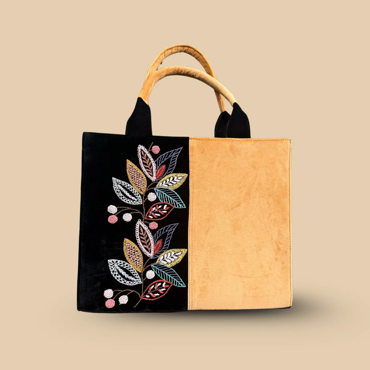 Black & Camel Velvet Tote Bag with Multicolor Leaf and Berry