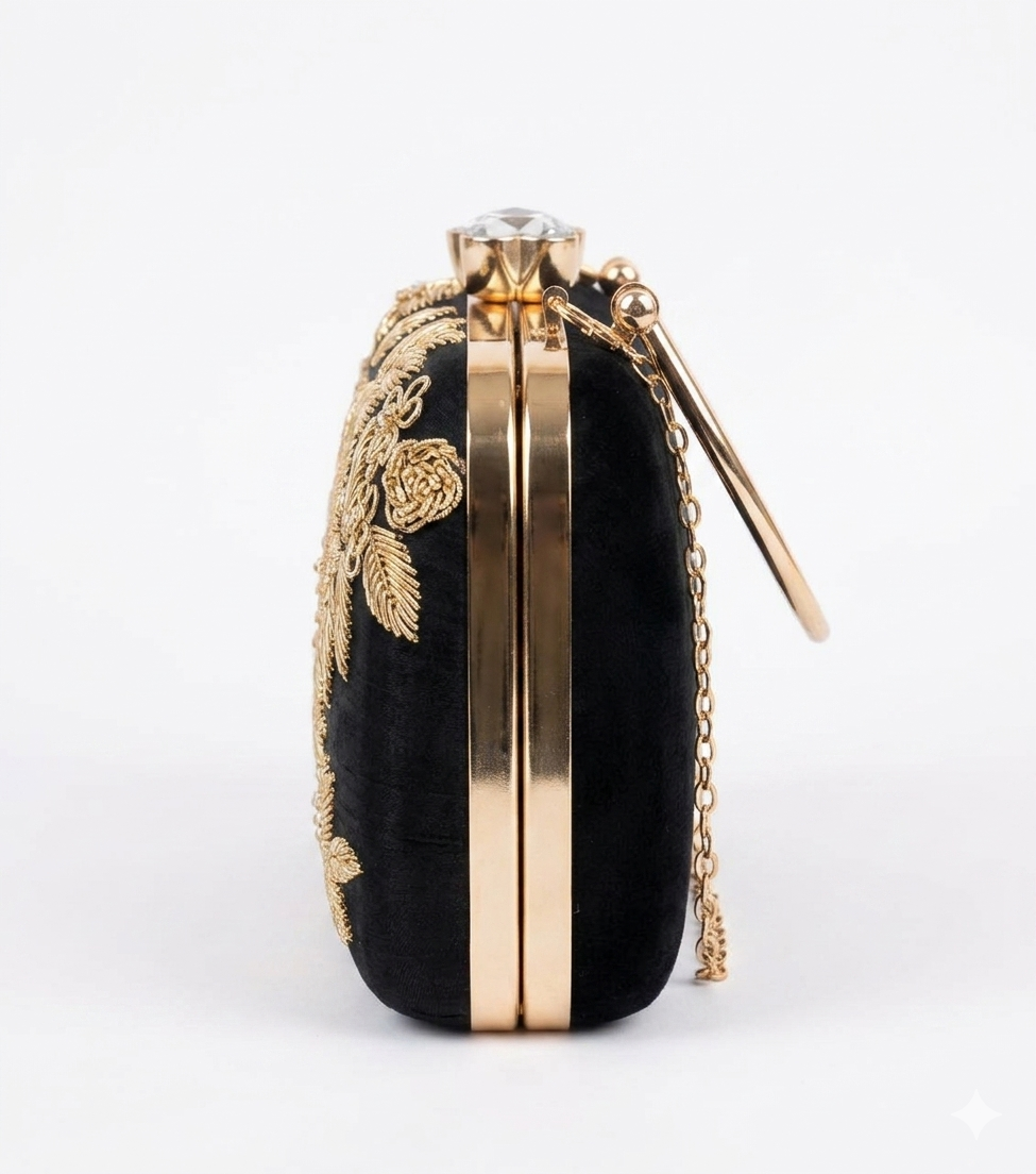  Noir Royale Embroidered Velvet Clutch with Gold Floral Detailing & Metal Handle - Image 4