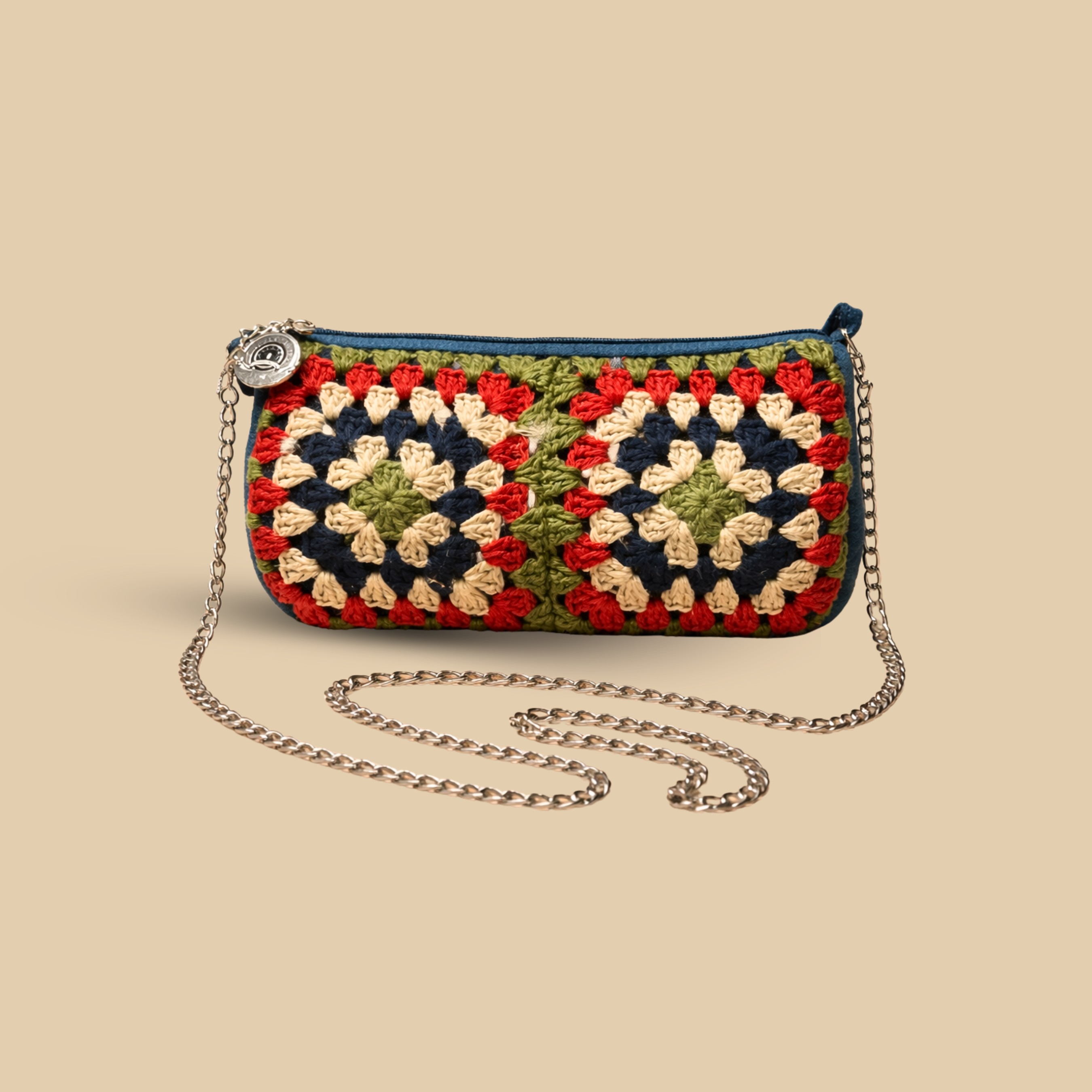 Handmade Blue Crochet Granny Square Crossbody Bag – Retro Chic Sling Purse with Silver Chain Strap & Secure Zipper