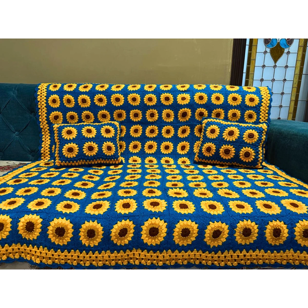 Handmade sunflower Patchwork Crochet Set – Vibrant Floral Granny Square Throw with Matching Cushions - Image 2