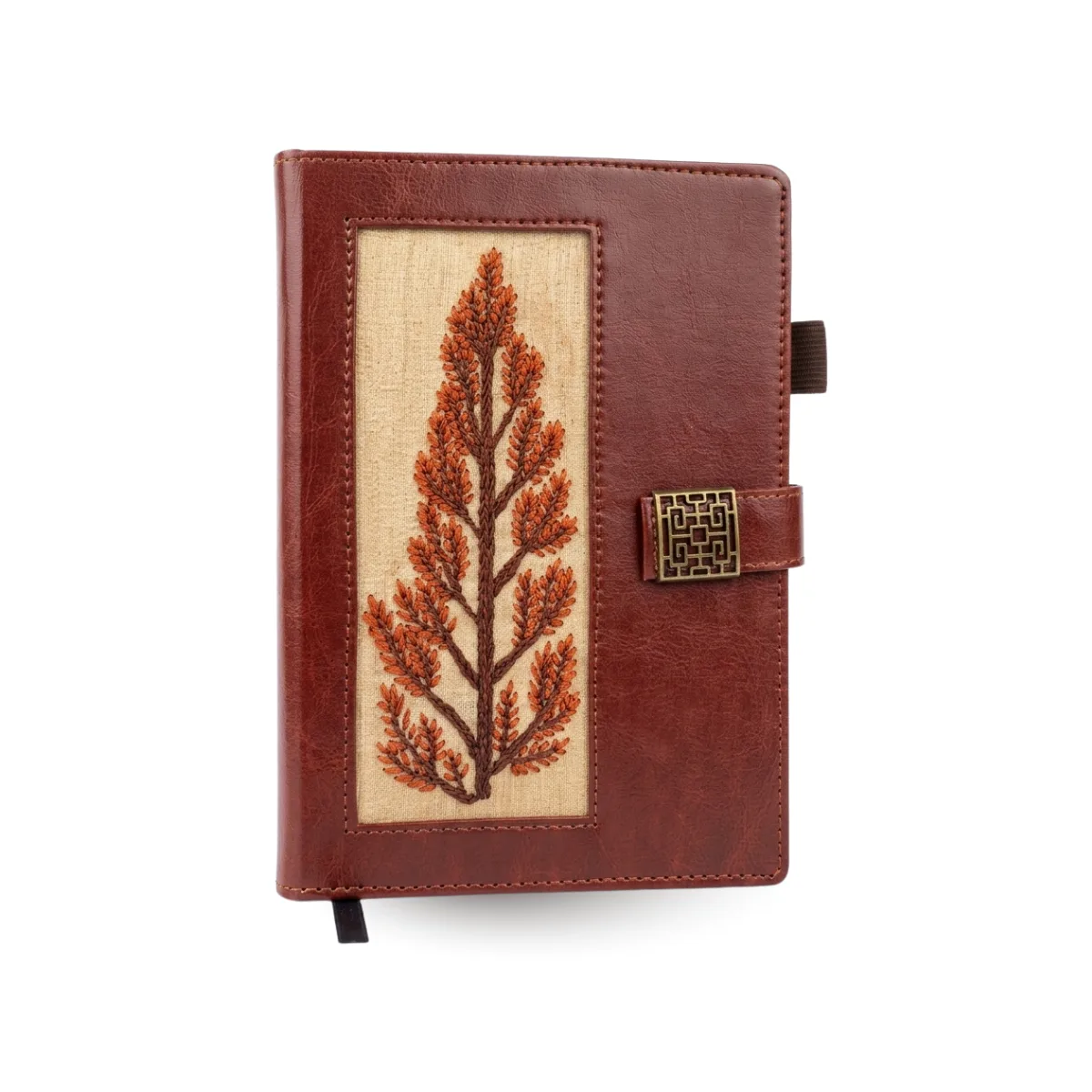 Vintage Faux Leather Journal with Embroidered Fern, A5 Notebook with Decorative Metal Clasp, Pen Loop & Ribbon Bookmark, Brown