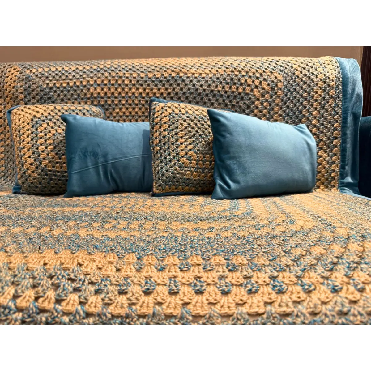 Teal & Honey Gold Hand-Knitted Concentric Square Baby Throw with Velvet Pillows