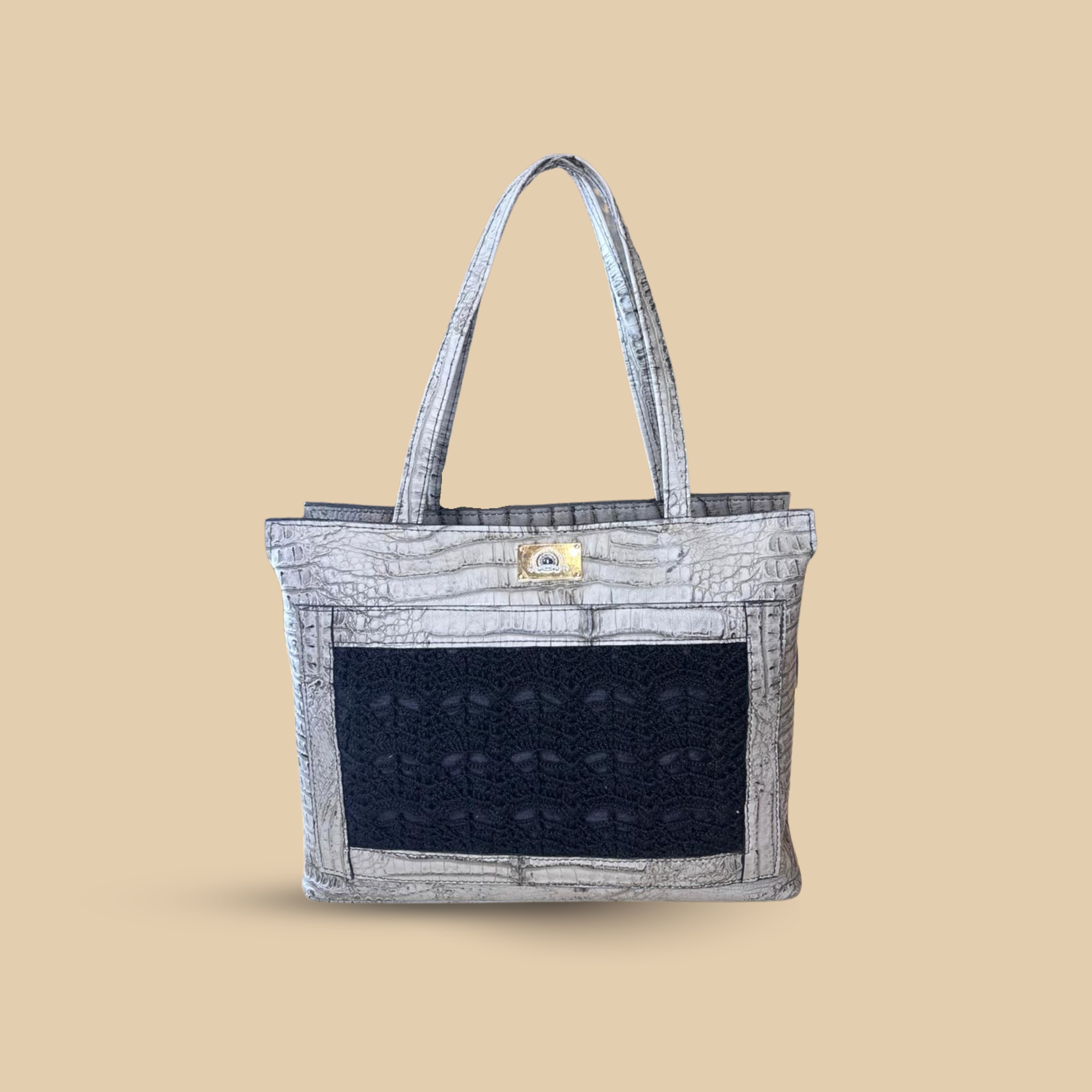 Luxe Crocodile-Embossed Tote Bag with Crochet– Elegant Structured Top-Handle Handbag