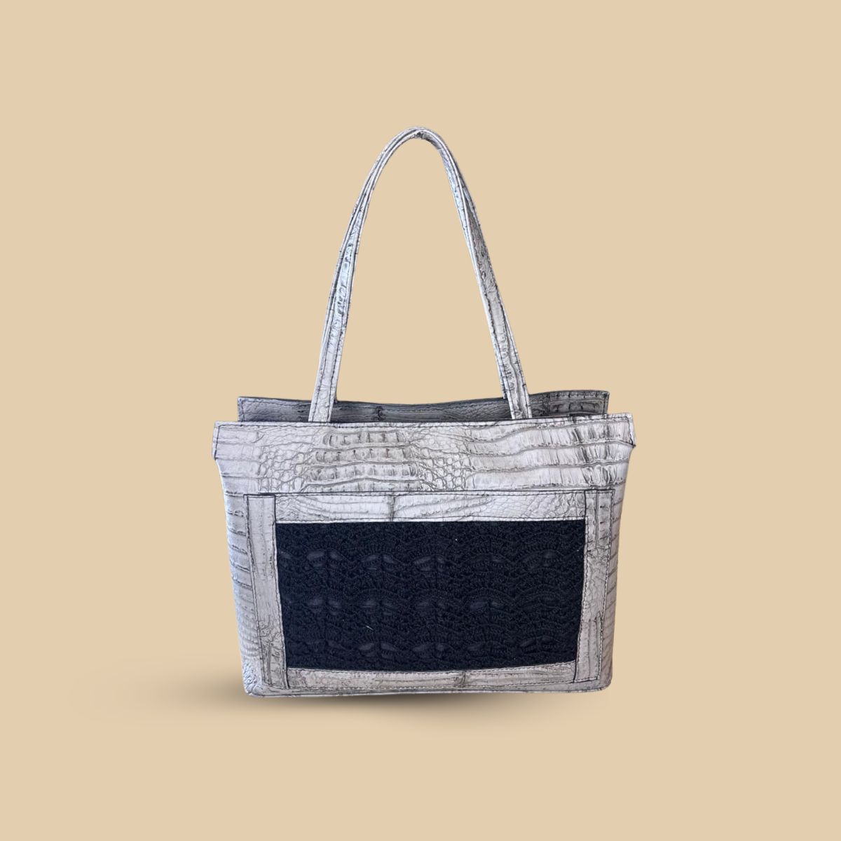 Luxe Crocodile-Embossed Tote Bag with Crochet– Elegant Structured Top-Handle Handbag - Image 3