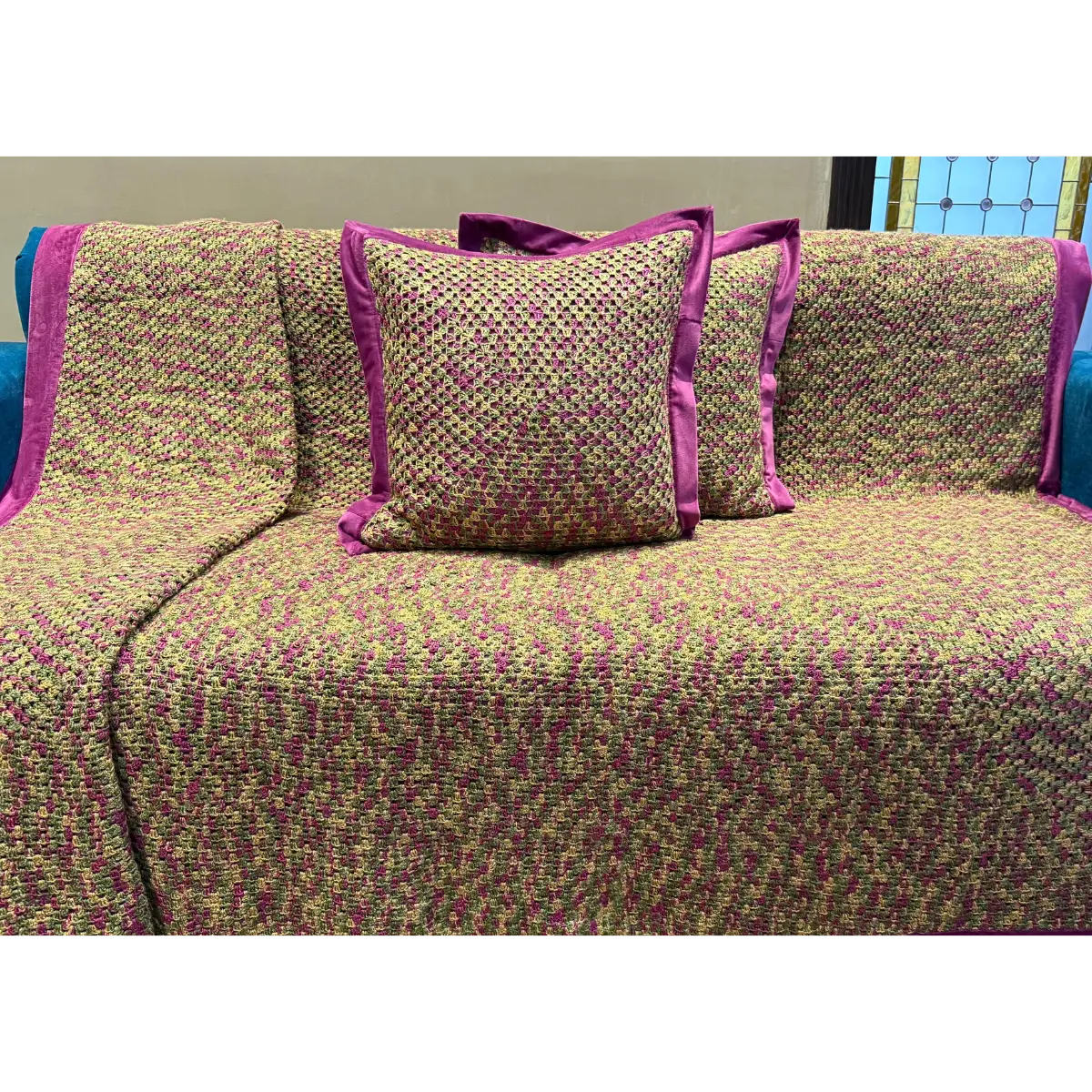Handmade Magenta Velvet-Bordered Crochet Sofa Set – Textured Moss Stitch Throw with Premium Velvet Piping - Image 2