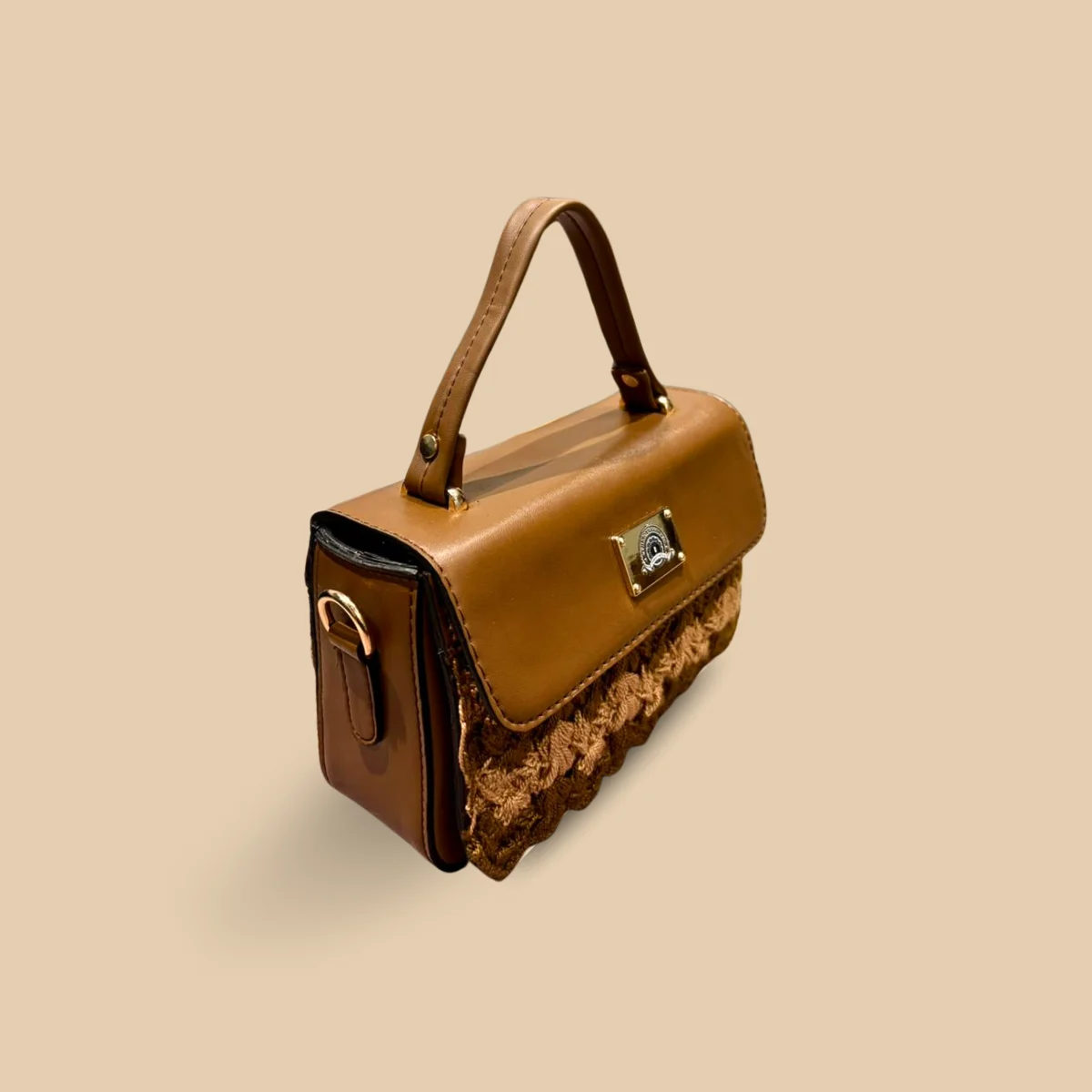 Handcrafted Two-Tone Floral Crochet & Faux Leather Mini Satchel Handbag - Image 2