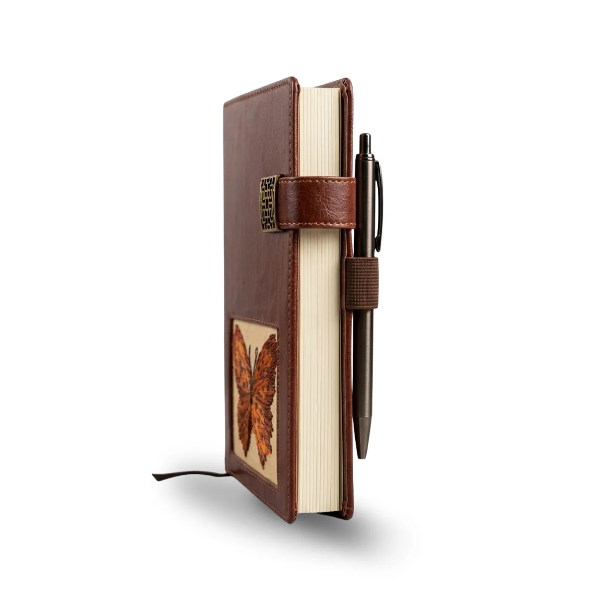 Vintage-Style Faux Leather Journal with Embroidered Butterfly Design, A5 Notebook with Decorative Metal Clasp and Pen Loop - Image 2